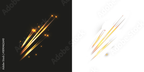Golden glowing shooting star trails with sparkles and light streaks on transparent background.