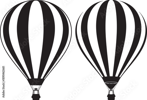 Two black hot air balloons with vertical stripes, floating against a white background. Adventure and travel concept.