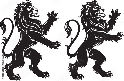 Two regal black lions in heraldic stance, one facing left and one facing right, on a white background. Strength and power symbol.
