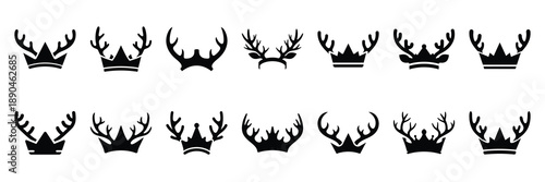 christmas  reindeer antler crown icon set silhouette on black colour and white background. Holiday silhouette vector icons.