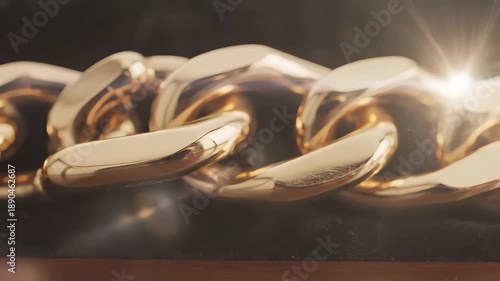 A close-up view reveals the intricate detail and brilliant polish of large, interlocking gold chain links.