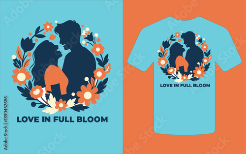 A romantic silhouette of a couple surrounded by floral elements designed for apparel