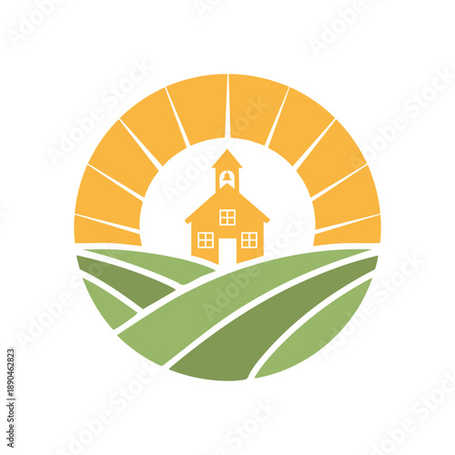 School house, sun, and field logo
