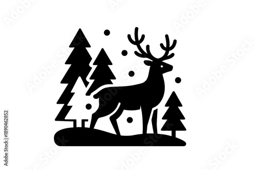 Majestic deer silhouette standing among pine trees in a winter landscape with falling snow