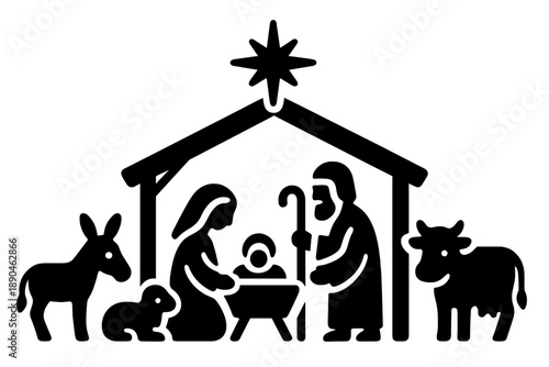 Black silhouette of the Nativity scene featuring Mary, Joseph, and Baby Jesus in the manger with animals and Star of Bethlehem