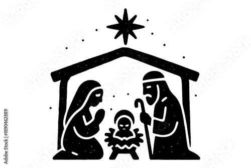 Traditional Nativity scene silhouette with distressed texture under the Star of Bethlehem