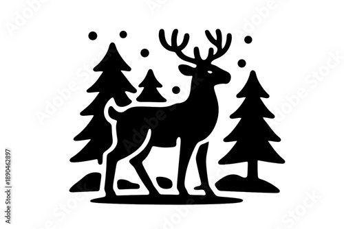 Black silhouette of a majestic deer with antlers standing in a snowy pine forest