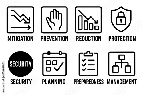 Security, risk management, and disaster preparedness concepts represented by symbols