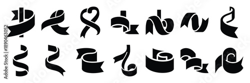 christmas  ribbon curl icon set silhouette on black colour and white background. Holiday silhouette vector icons.