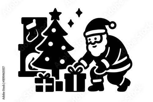 Santa Claus placing Christmas presents under a decorated holiday tree next to a fireplace mantel