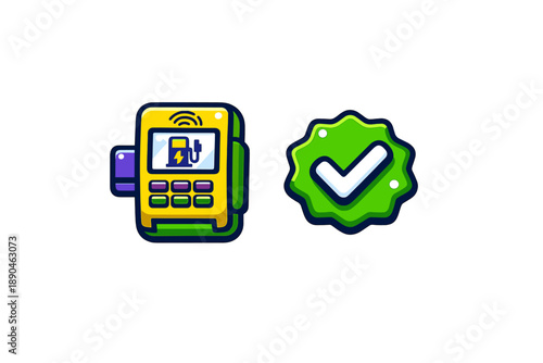 Payment terminal for electric vehicle charging with a successful transaction checkmark badge
