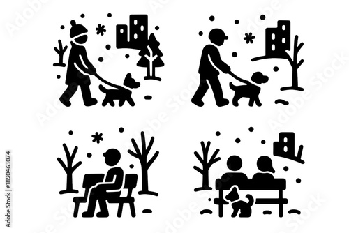 People walking dogs and sitting on benches in a snowy winter park scene