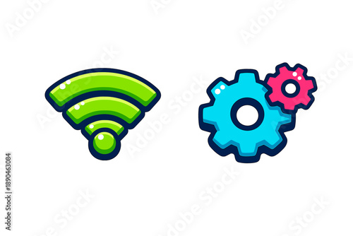 Brightly colored Wi-Fi signal and blue and pink interlocking gear settings design