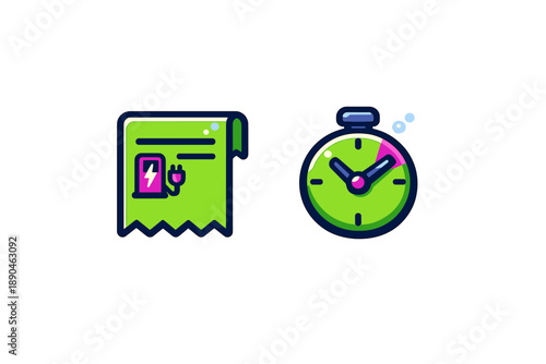 Electricity consumption receipt and fast charging time tracking stopwatch symbols