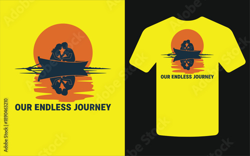 A vibrant yellow t shirt design featuring a silhouetted couple canoeing under a sunset