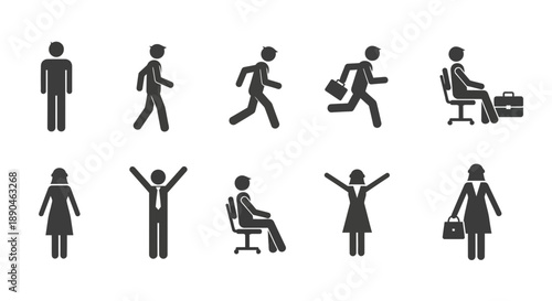Collection of business icons depicting men and women in various poses and activities related to work and office life