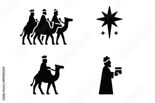 Black silhouette of the Three Wise Men riding camels guided by the Star of Bethlehem