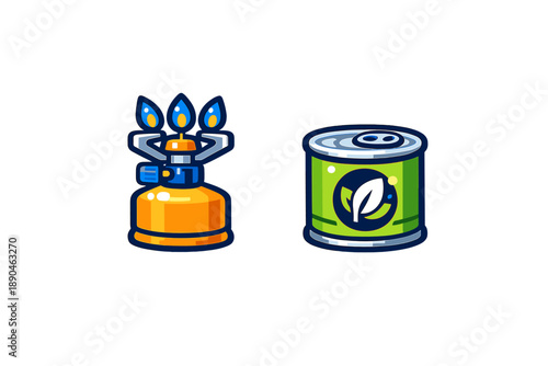 Portable camping stove with blue flame and sealed tin can of food provisions