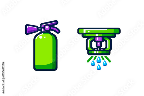 Fire extinguisher and active sprinkler head safety equipment symbols
