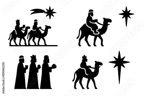 Black silhouettes of Three Wise Men riding camels and standing with gifts and Star of Bethlehem