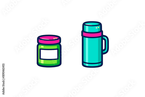 Brightly colored jar and thermos flask set for travel or outdoor activities