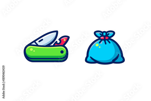 Brightly colored pocket knife and tied blue sack on white background