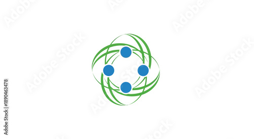 Abstract logo design with blue dots and green swirls.
