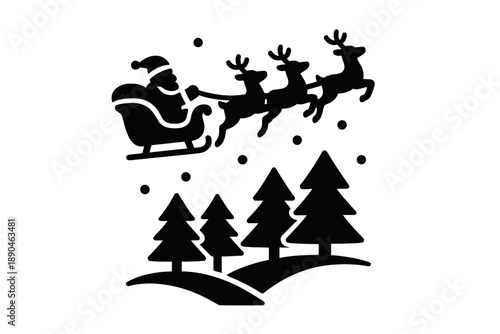 Santa Claus riding a sleigh pulled by flying reindeer above a snowy winter forest