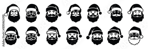 christmas  santa claus face icon set silhouette on black colour and white background. Holiday silhouette vector icons.
