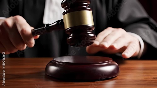 A judge's hands firmly hold a gavel, striking it down onto a wooden sound block during a legal proceeding.