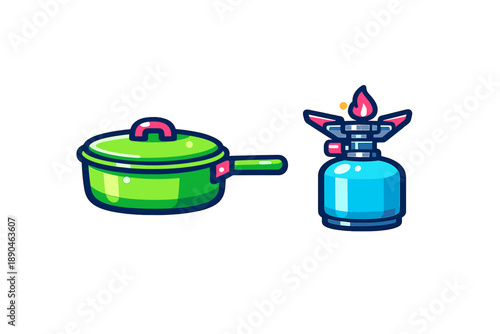 Portable gas burner with lit flame and saucepan for camping cooking