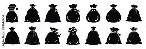 christmas  santa gift sack icon set silhouette on black colour and white background. Holiday silhouette vector icons.