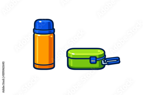Colorful thermos bottle and green lunch box for outdoor activities or school lunch