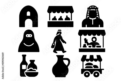 Traditional Arabian market and cultural icons featuring people, stalls, archway, and ancient pottery