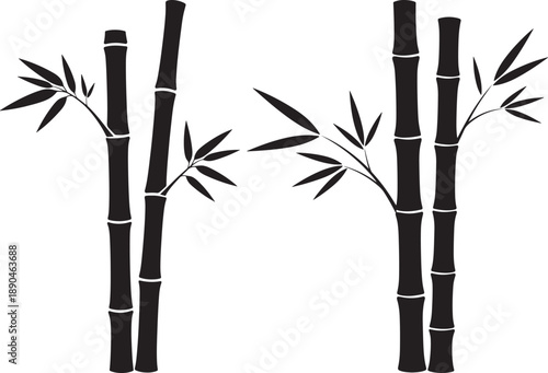 Two black bamboo stalks with branching leaves, side-by-side on a white background. Zen and nature inspired design.
