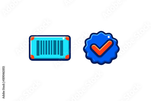 Digital security concept with barcode ticket icon and verified checkmark badge symbol