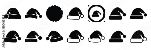 christmas  santa hat pompom icon set silhouette on black colour and white background. Holiday silhouette vector icons.