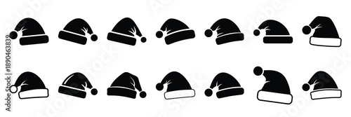 christmas  santa hat tilted icon set silhouette on black colour and white background. Holiday silhouette vector icons.