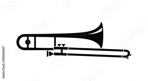 A stark black silhouette depicts a trombone showcasing its curved form and slide mechanism a musical instrument silhouette high quality professional