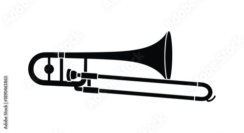 A stark black graphic depicts a trombone instrument in a flat bold style presenting a striking silhouette high quality professional detailed