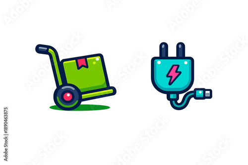 Green hand truck transporting a package and a turquoise electric power plug connector