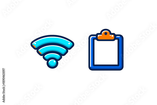 Bright blue Wi-Fi signal icon next to a blank blue and orange clipboard symbol