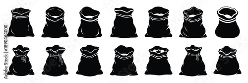 christmas  santa sack open icon set silhouette on black colour and white background. Holiday silhouette vector icons.