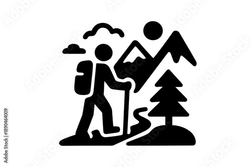 Hiker with backpack and trekking pole walking up a mountain trail under the sun