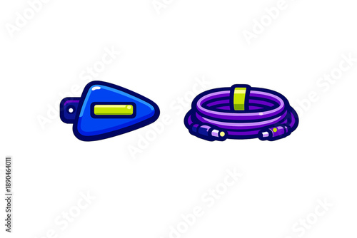 Neon blue media player device and purple audio cable on white background