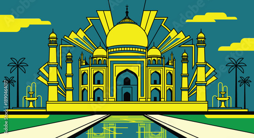 Abstract geometric art deco Taj Mahal landmark monument in India with golden domes and palm trees with reflection in water for travel tourism and architecture design.