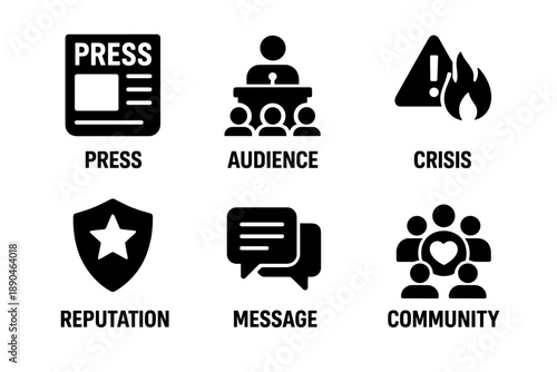 Public relations concepts set including press audience crisis reputation message community