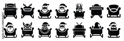 christmas  santa sleigh front icon set silhouette on black colour and white background. Holiday silhouette vector icons.