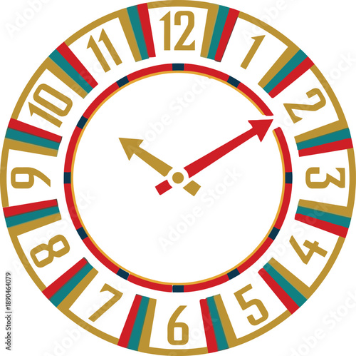 Abstract geometric art deco clock face with arabic numerals and hands in red gold and teal colors for retro vintage time management and countdown timer design art.