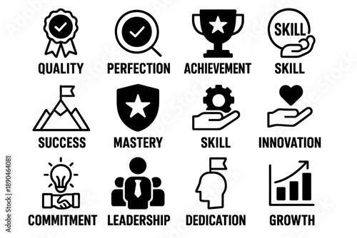 Collection of minimal black and white icons for corporate values and professional growth